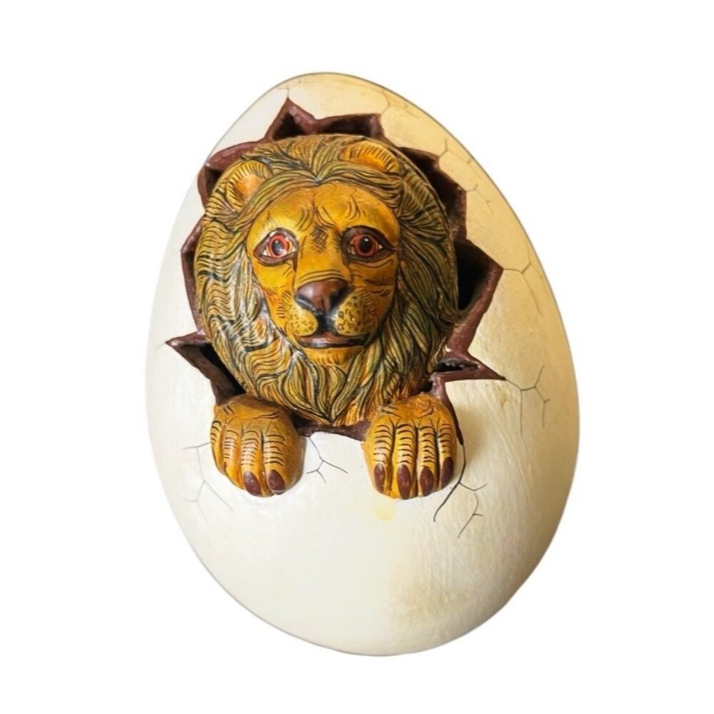 Lion Hatching Egg Figurine 5” Handmade Whimsical Folk Art Xochipilli Mexico